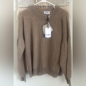 NWT 27 MILES Malibu Revolve 100% Cashmere Striped Crewneck Bishop Sleeve Camel